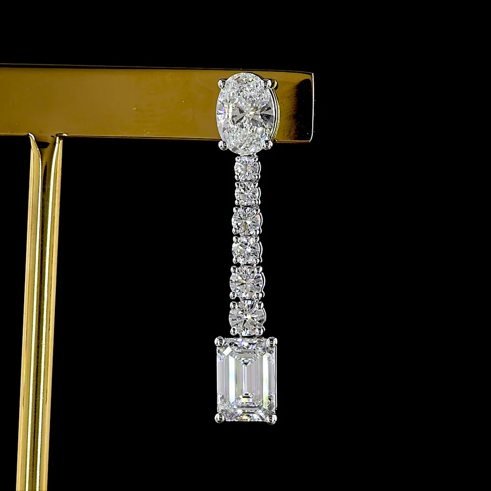 14K White Gold Mixed Shape Hanging Earrings with Oval, Brilliant, and Emerald Cut Lab Diamonds - 4.90 Carats Total Diamond Weight - Covaloro Fine Jewelry - Image 2