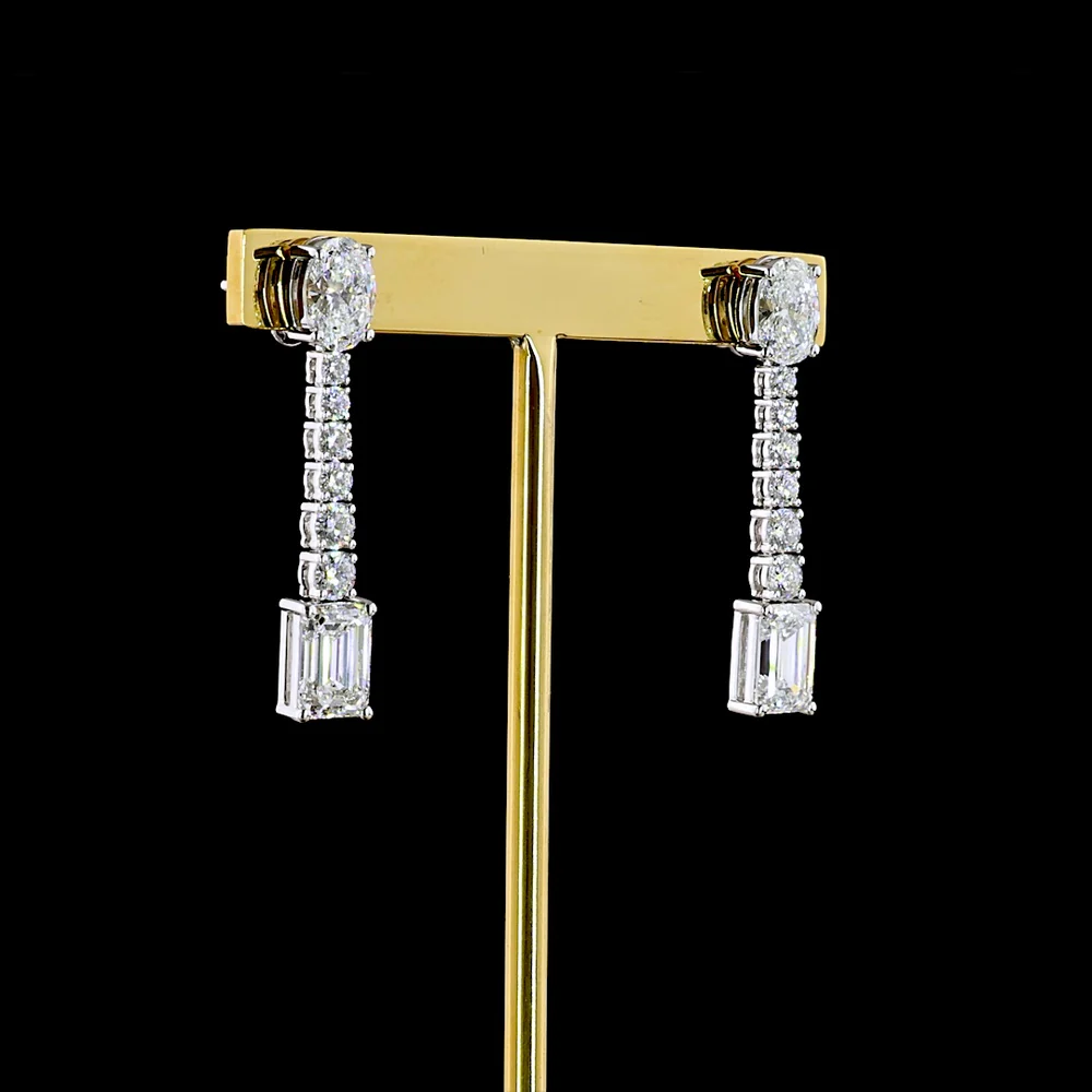 14K White Gold Mixed Shape Hanging Earrings with Oval, Brilliant, and Emerald Cut Lab Diamonds - 4.90 Carats Total Diamond Weight - Covaloro Fine Jewelry - Image 3