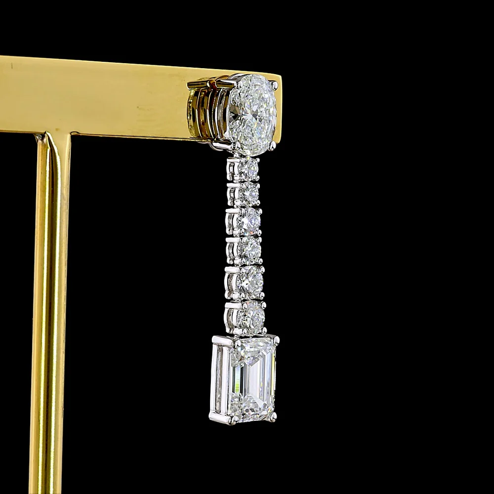 14K White Gold Mixed Shape Hanging Earrings with Oval, Brilliant, and Emerald Cut Lab Diamonds - 4.90 Carats Total Diamond Weight - Covaloro Fine Jewelry - Image 4