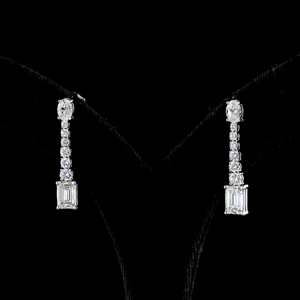 14K White Gold Mixed Shape Hanging Earrings with Oval, Round, and Emerald Cut Lab Diamonds - 3.10 Carats Total Diamond Weight - Covaloro Fine Jewelry