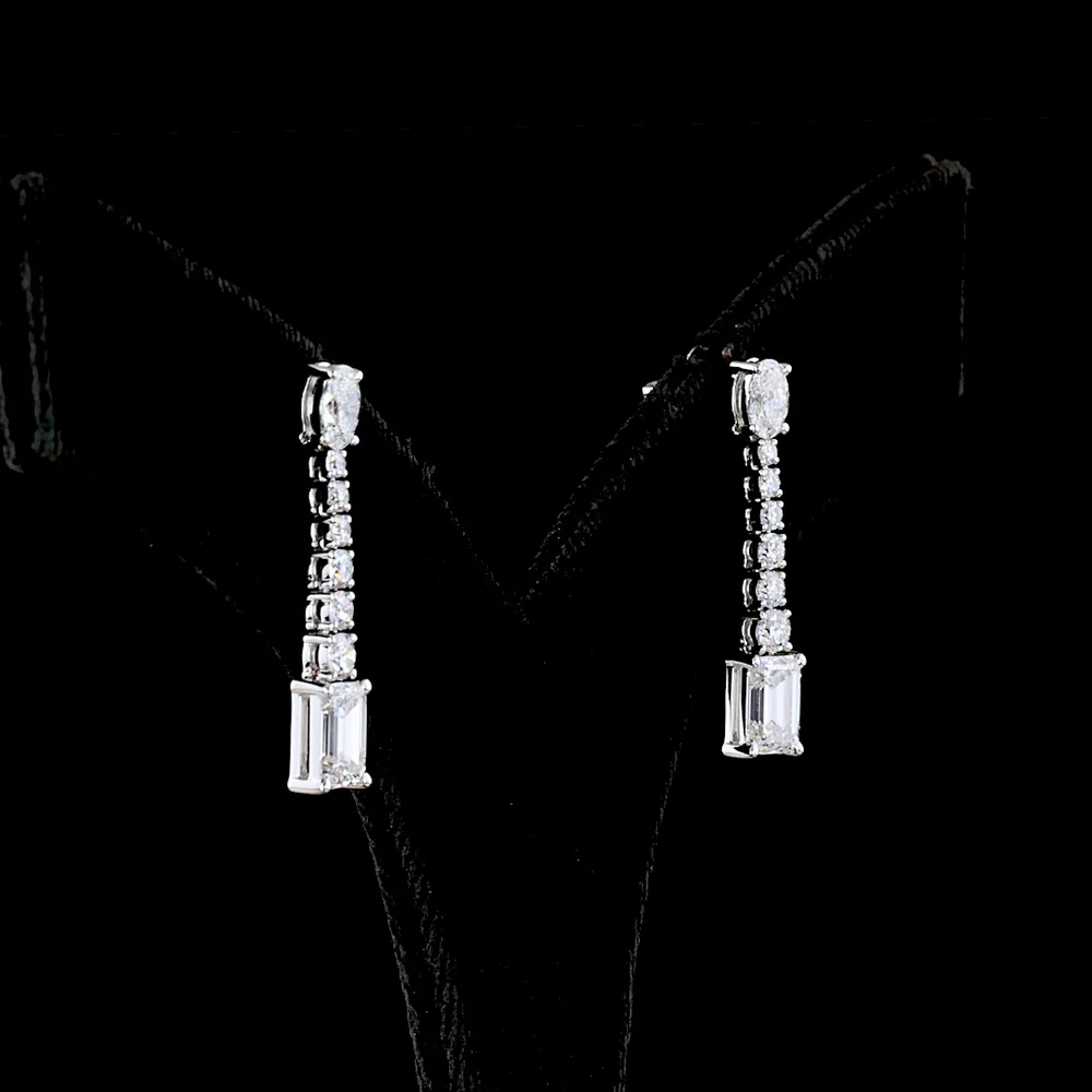 14K White Gold Mixed Shape Hanging Earrings with Oval, Round, and Emerald Cut Lab Diamonds - 3.10 Carats Total Diamond Weight - Covaloro Fine Jewelry - Image 3