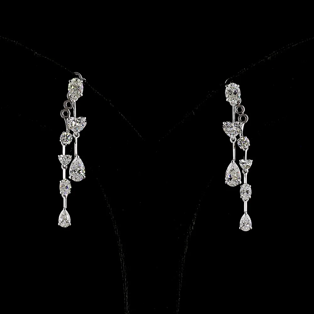 14K White Gold Mixed Shape Hanging Earrings with Pear and Heart Cut Lab Diamonds - 3.45 Carats Total Diamond Weight - Covaloro Fine Jewelry