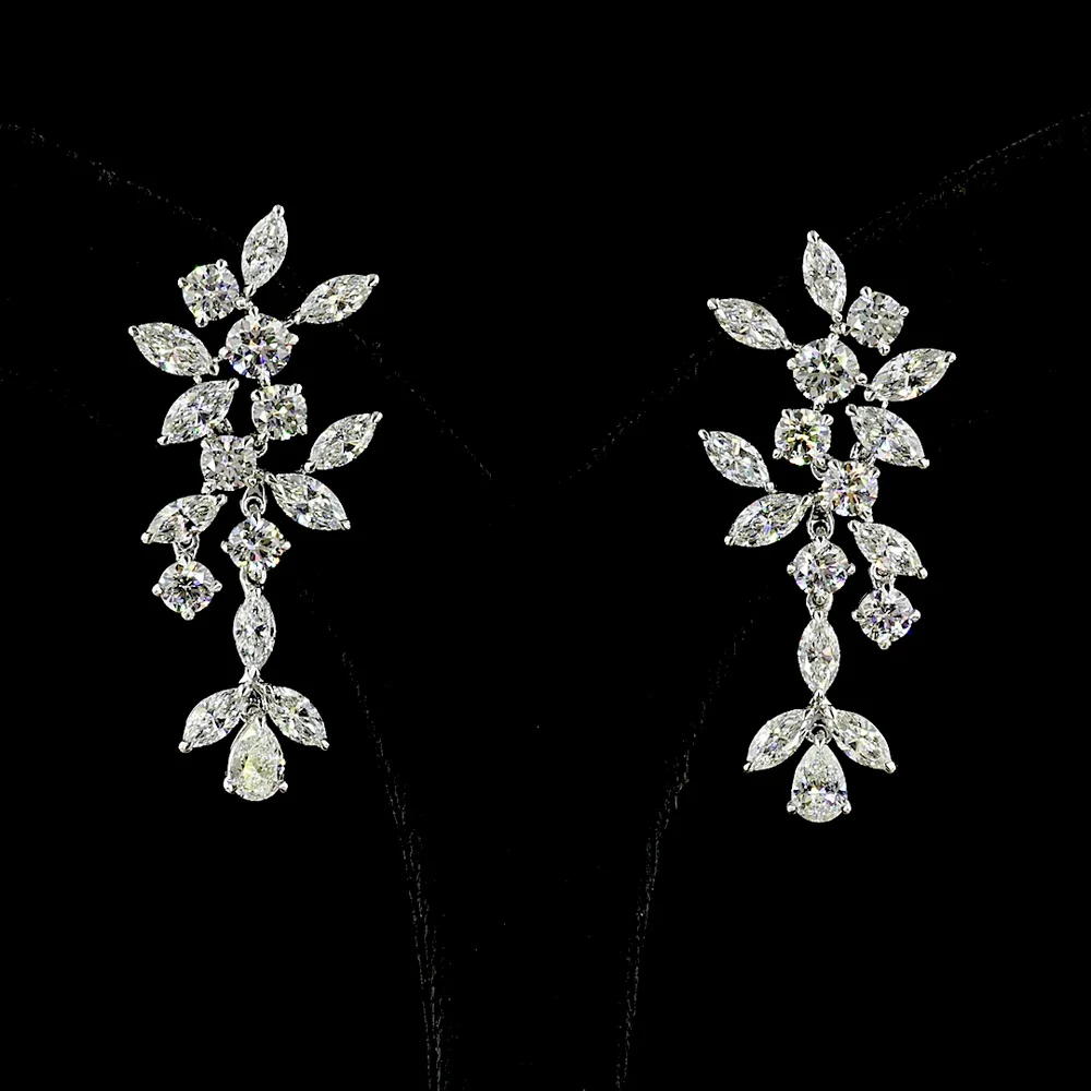 14K White Gold Mixed Shape Hanging Earrings with Pear, Marquise, and Round Lab Diamonds - 8.16 Carats Total Diamond Weight (E-F Color, VS Clarity) - Covaloro Fine Jewelry