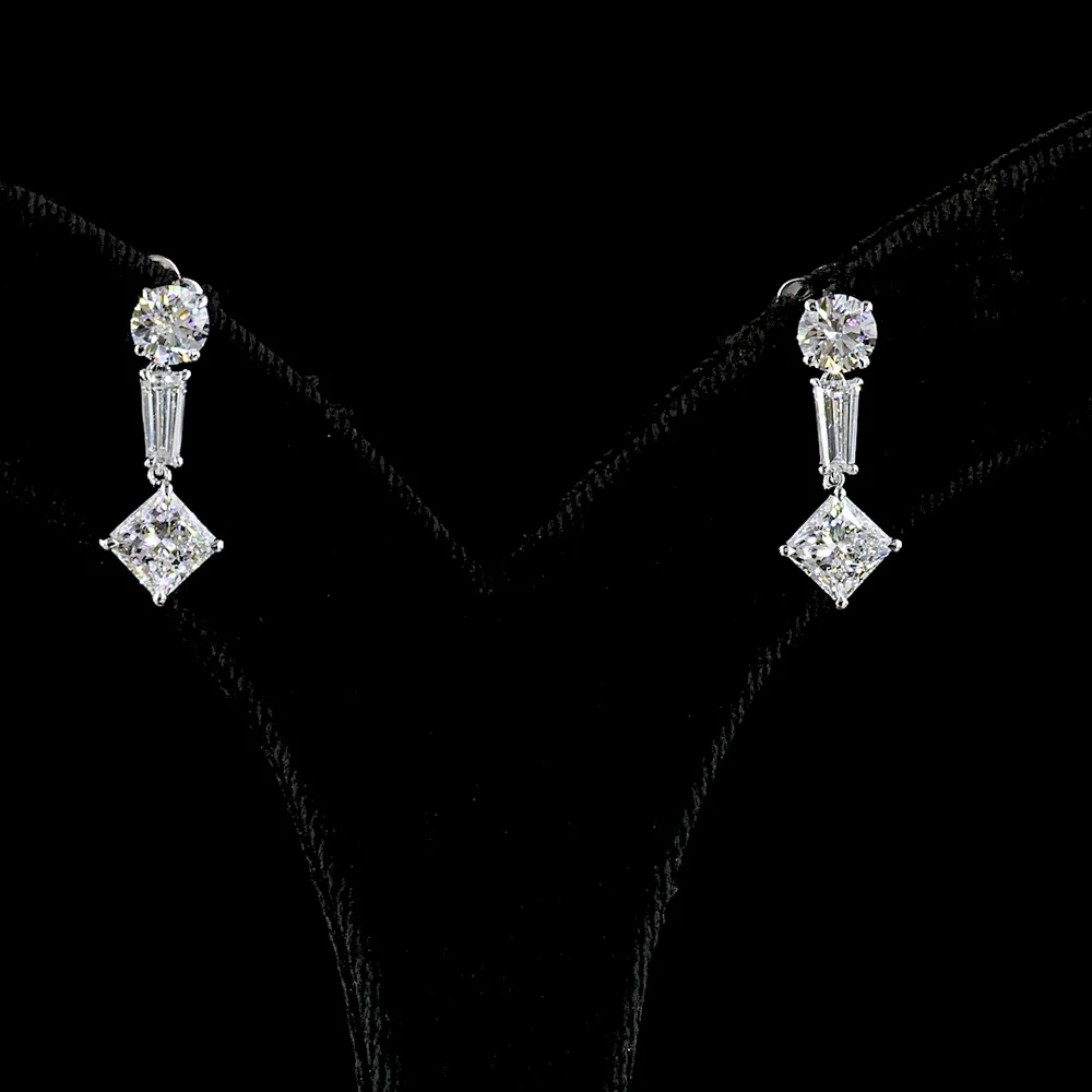 14K White Gold Mixed Shape Hanging Earrings with Princess, Round, and Tapered Baguette Lab Grown Diamonds - 2.95 Carats Total Diamond Weight - Covaloro Fine Jewelry