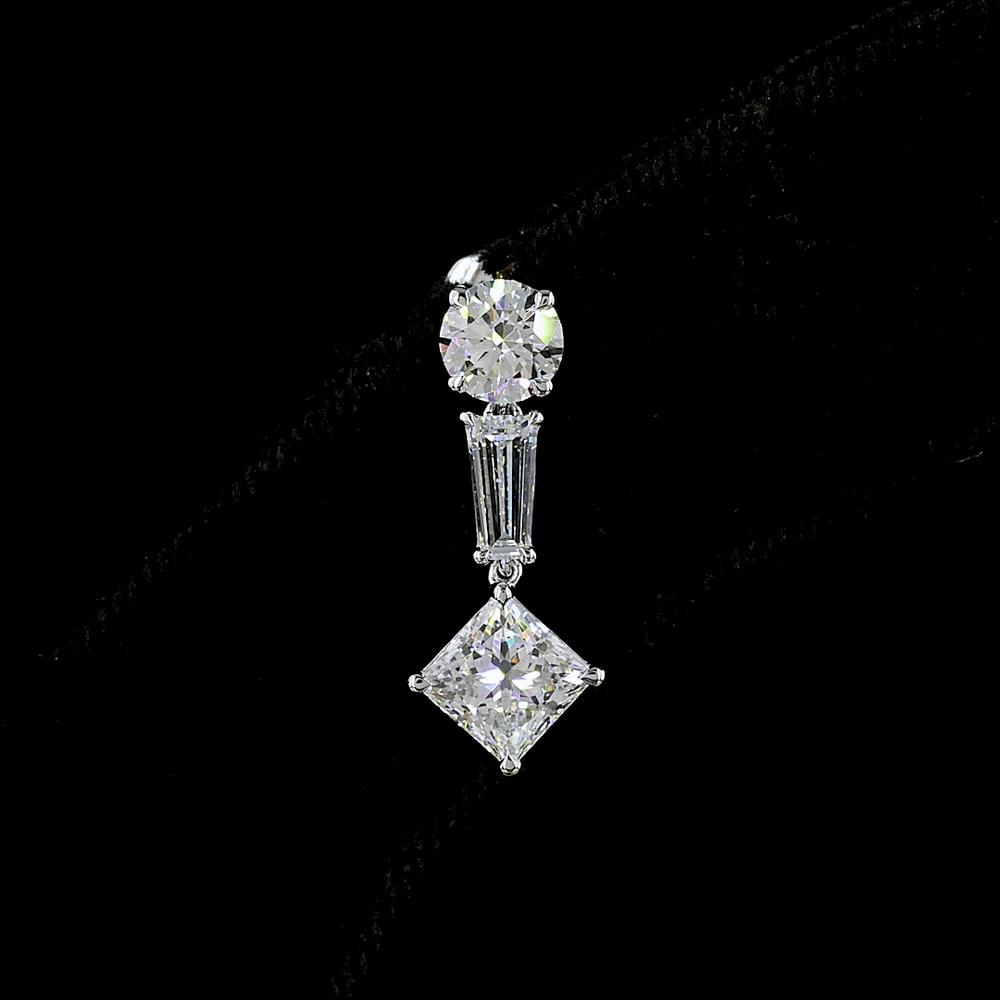 14K White Gold Mixed Shape Hanging Earrings with Princess, Round, and Tapered Baguette Lab Grown Diamonds - 2.95 Carats Total Diamond Weight - Covaloro Fine Jewelry - Image 2
