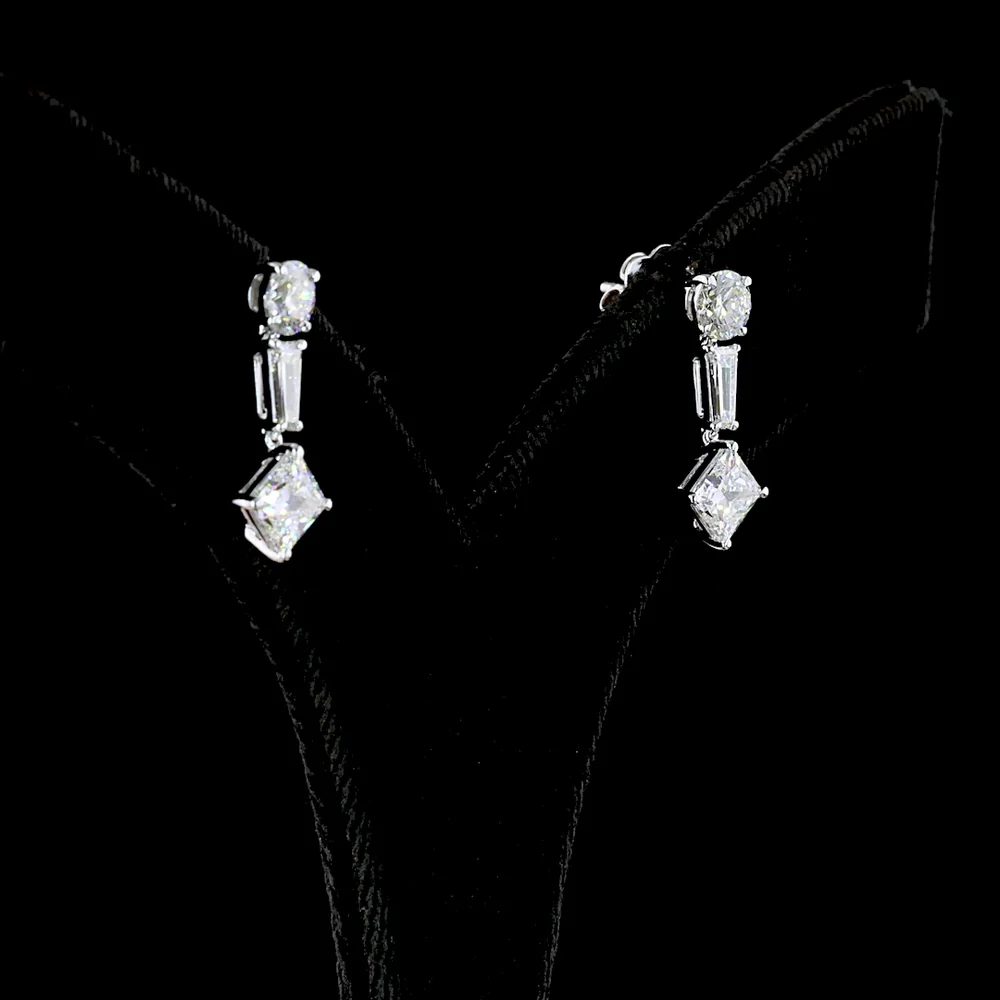 14K White Gold Mixed Shape Hanging Earrings with Princess, Round, and Tapered Baguette Lab Grown Diamonds - 2.95 Carats Total Diamond Weight - Covaloro Fine Jewelry - Image 3
