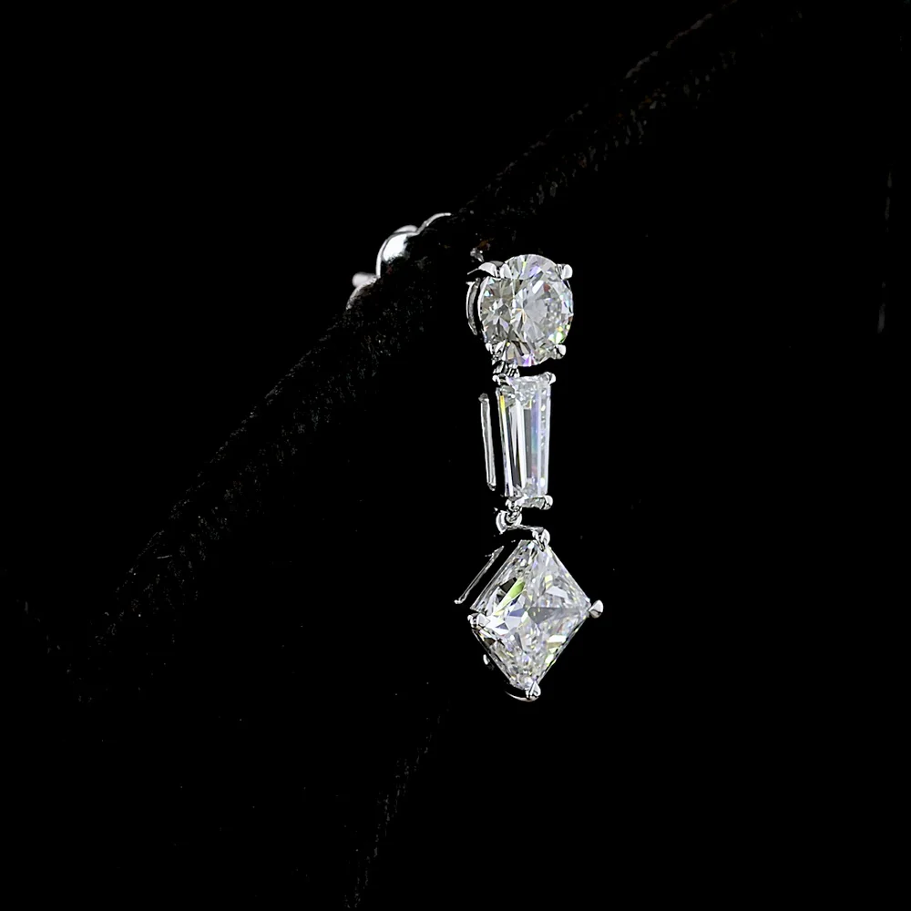14K White Gold Mixed Shape Hanging Earrings with Princess, Round, and Tapered Baguette Lab Grown Diamonds - 2.95 Carats Total Diamond Weight - Covaloro Fine Jewelry - Image 4