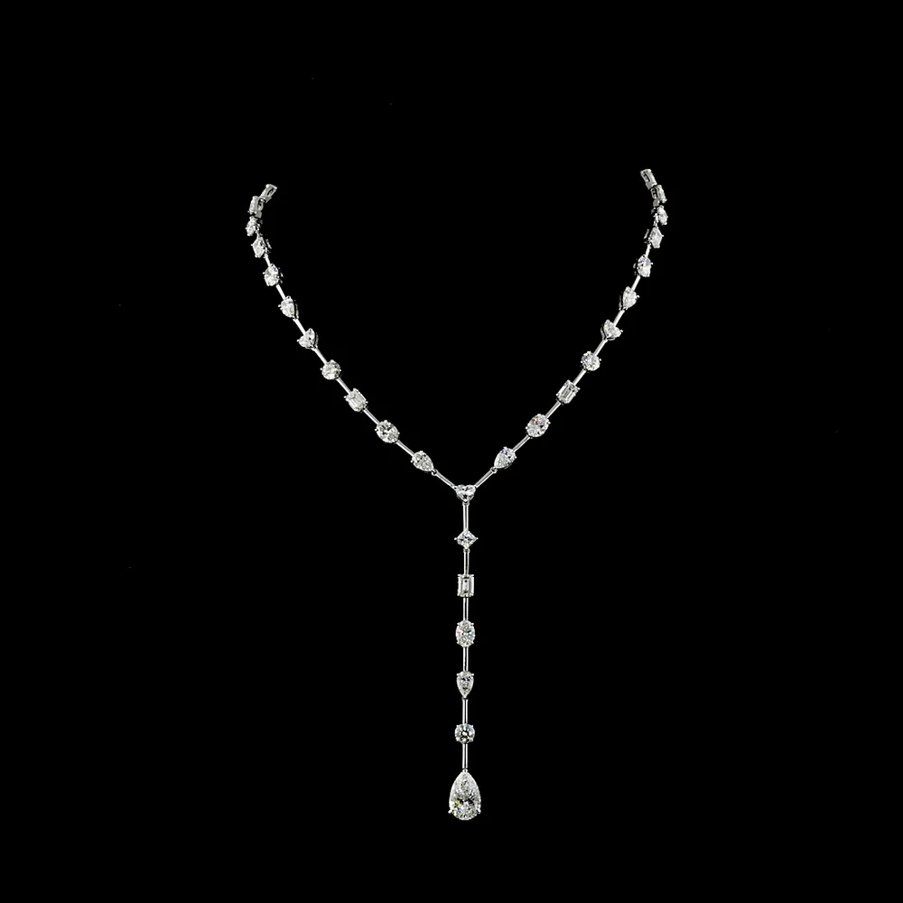 14K White Gold Mixed Shape Lariat Necklace with Pear Heart Emerald and Oval Lab Diamonds - 18.91 Carat Total Weight - Covaloro Fine Jewelry
