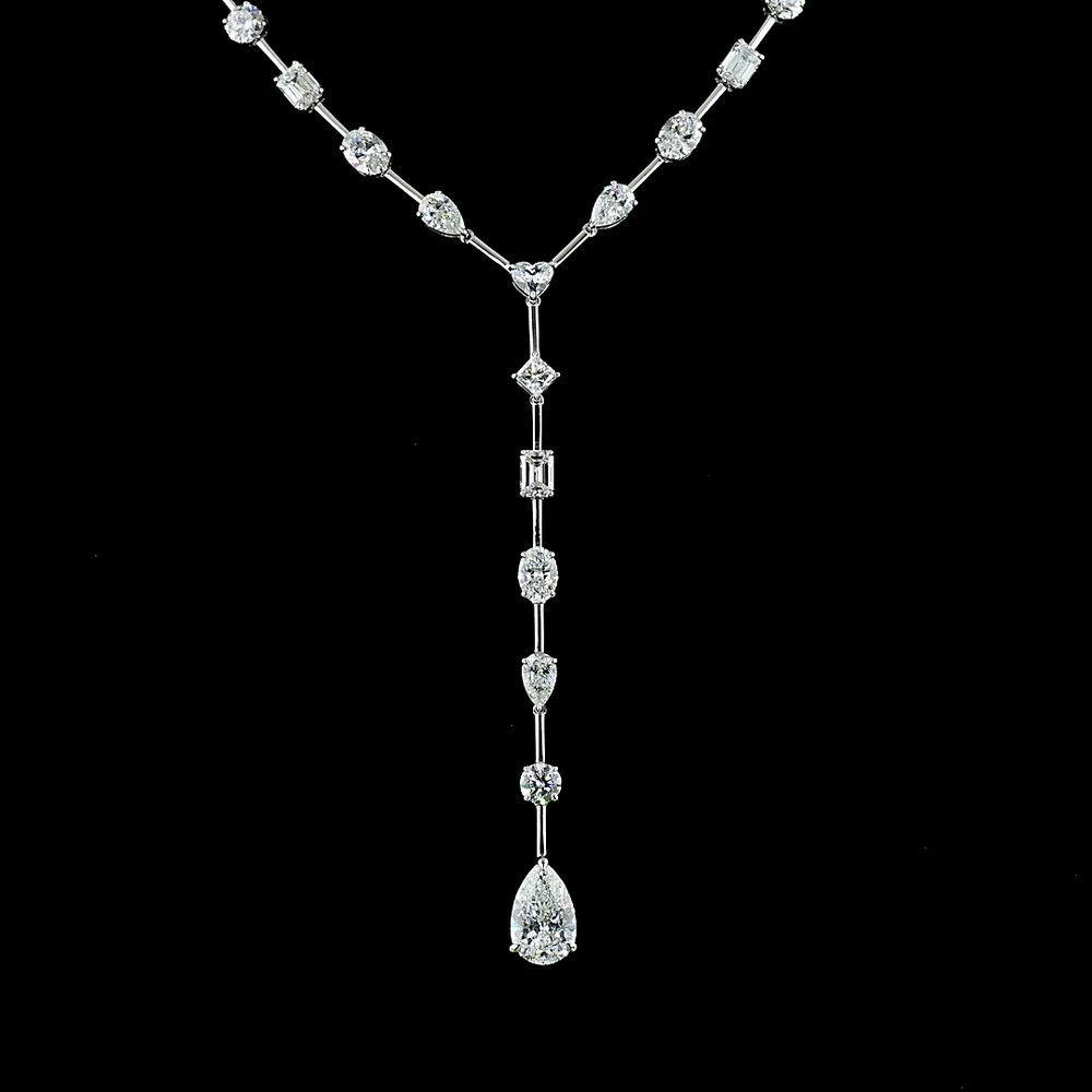 14K White Gold Mixed Shape Lariat Necklace with Pear Heart Emerald and Oval Lab Diamonds - 18.91 Carat Total Weight - Covaloro Fine Jewelry - Image 2