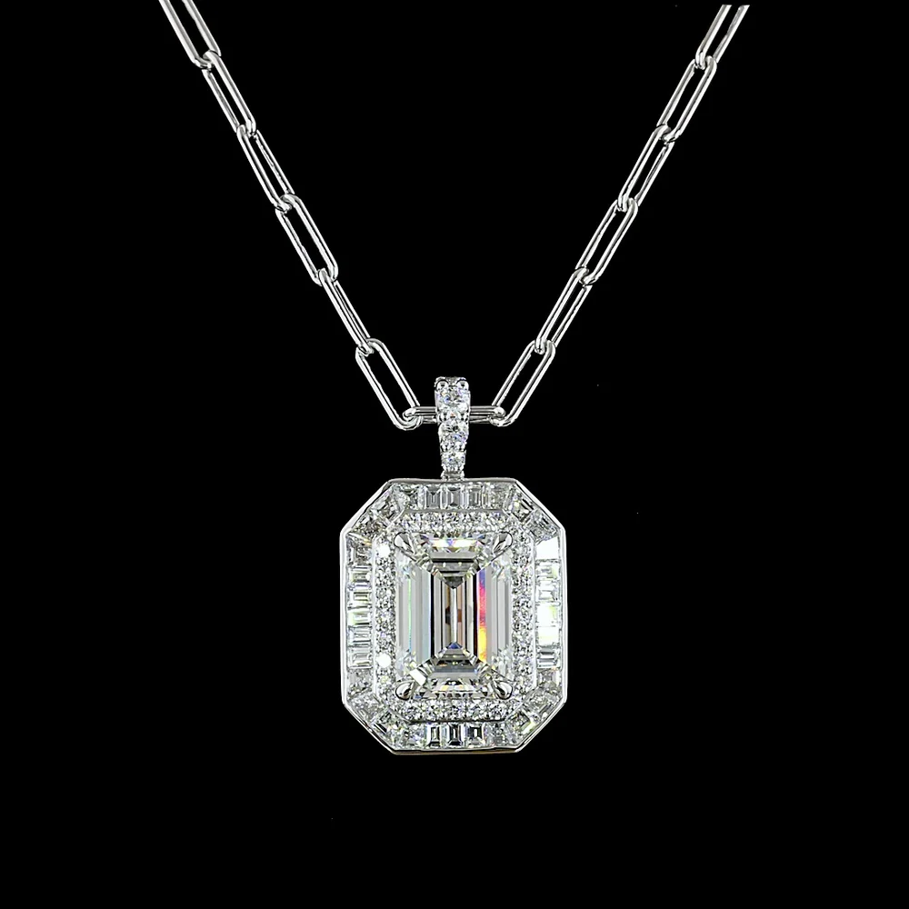 14K White Gold Mixed Shape Pendant with 5.03 Carat Emerald Cut Lab Diamond and 1.73 Carat Accent Stones - 6.76 Carat Total Diamond Weight - Covaloro Fine Jewelry - Image 2