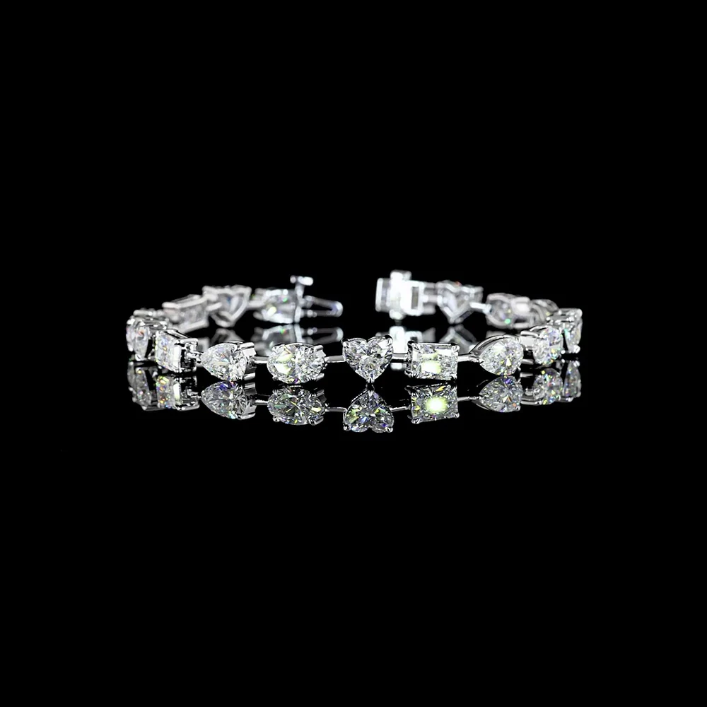 14K White Gold Mixed Shape Station Bracelet with Heart, Oval, and Radiant Cut Lab Diamonds - 14.36 Carat Total Diamond Weight - Covaloro Fine Jewelry