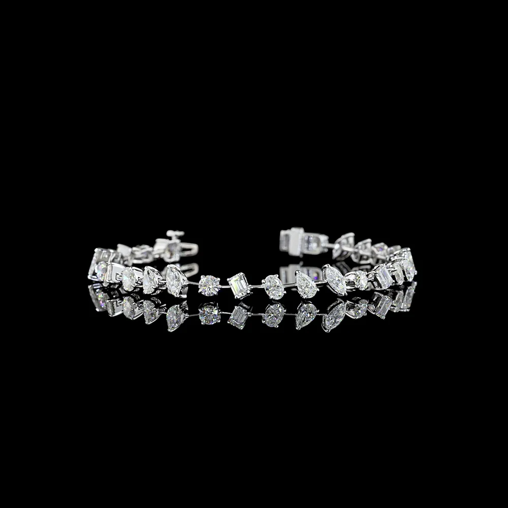 14K White Gold Mixed Shape Station Bracelet with Oval, Pear, Marquise, and Emerald Cut Lab Diamonds - 5.81 Carat Total Weight - Covaloro Fine Jewelry