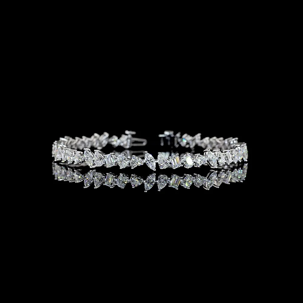14K White Gold Mixed Shape Station Bracelet with Oval, Pear, Marquise, and Heart Cut Lab Diamonds - 6.84 Carats Total Diamond Weight - Covaloro Fine Jewelry