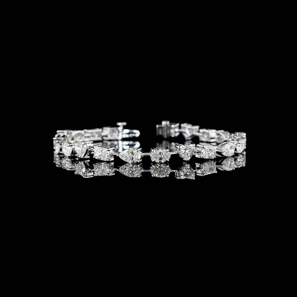 14K White Gold Mixed Shape Station Bracelet with Pear and Heart Lab Diamonds - 11.07 Carat Total Weight - Covaloro Fine Jewelry