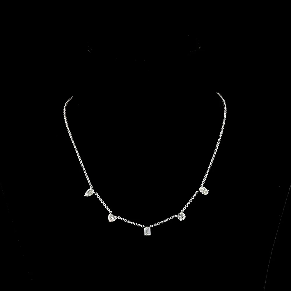 14K White Gold Mixed Shape Station Necklace with Emerald, Heart, and Round Lab Grown Diamonds - 2.6 Carat Total Diamond Weight - Covaloro Fine Jewelry