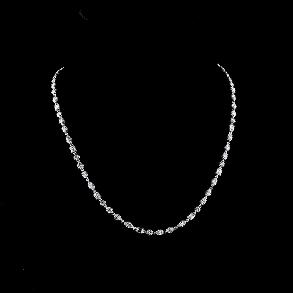 14K White Gold Mixed Shape Station Necklace with Emerald, Marquise, Pear, and Oval Cut Lab Diamonds - 9.64 Carats Total Diamond Weight - Covaloro Fine Jewelry