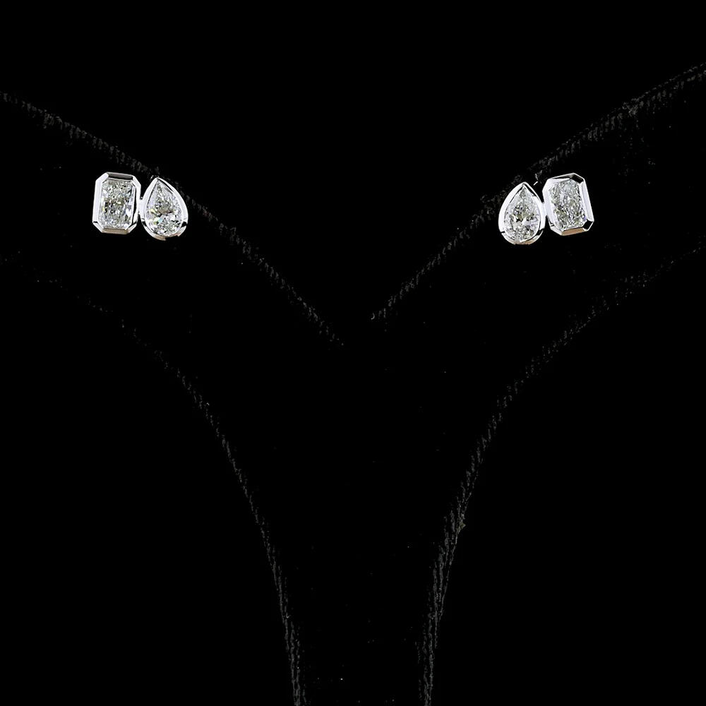 14K White Gold Mixed Shape Stud Earrings with Bezel Set Radiant and Pear Lab Diamonds - 1.72 Carat Total Weight - Covaloro Fine Jewelry