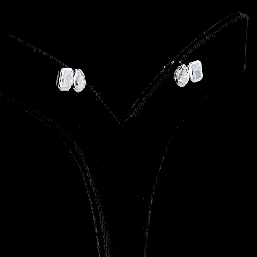 14K White Gold Mixed Shape Stud Earrings with Bezel Set Radiant and Pear Lab Diamonds - 1.72 Carat Total Weight - Covaloro Fine Jewelry - Image 3