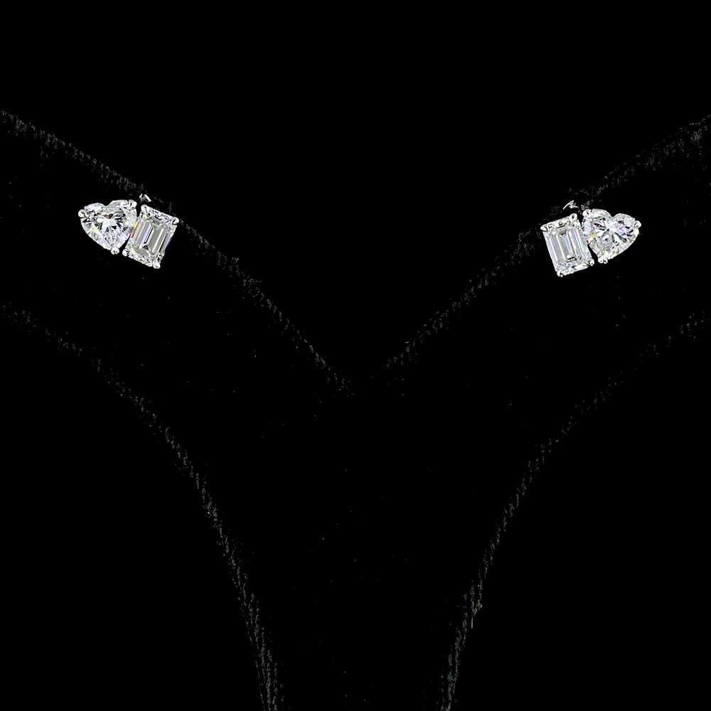 14K White Gold Mixed Shape Stud Earrings with Emerald Cut and Heart Shape Lab Diamonds - 1.54 Carats Total Diamond Weight - Covaloro Fine Jewelry