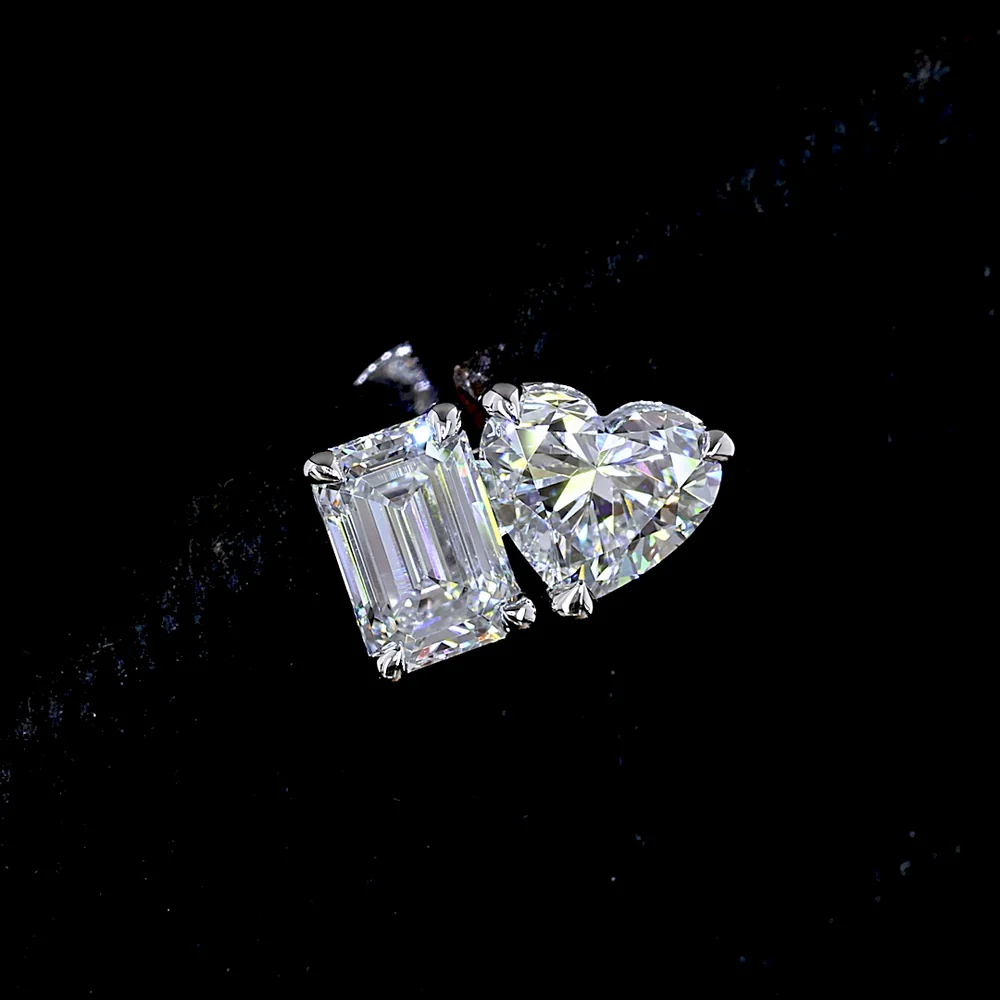 14K White Gold Mixed Shape Stud Earrings with Emerald Cut and Heart Shape Lab Diamonds - 1.54 Carats Total Diamond Weight - Covaloro Fine Jewelry - Image 2