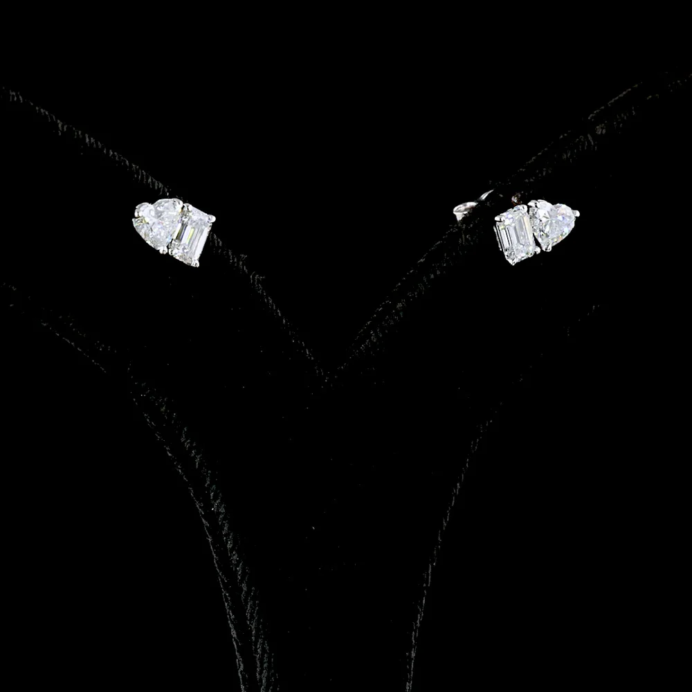 14K White Gold Mixed Shape Stud Earrings with Emerald Cut and Heart Shape Lab Diamonds - 1.54 Carats Total Diamond Weight - Covaloro Fine Jewelry - Image 3