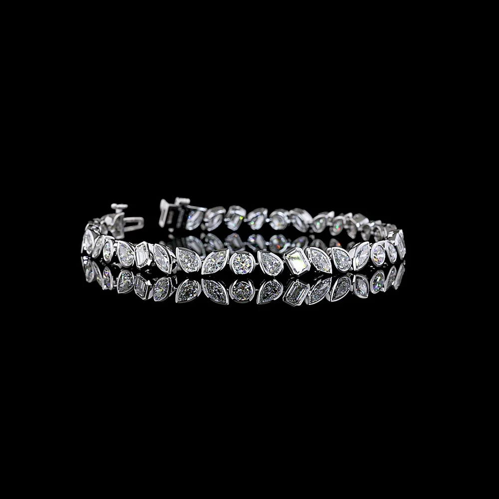 14K White Gold Mixed Shape Tennis Bracelet with Bezel Set Lab Diamonds - 8.29 Carat Total Weight - Covaloro Fine Jewelry