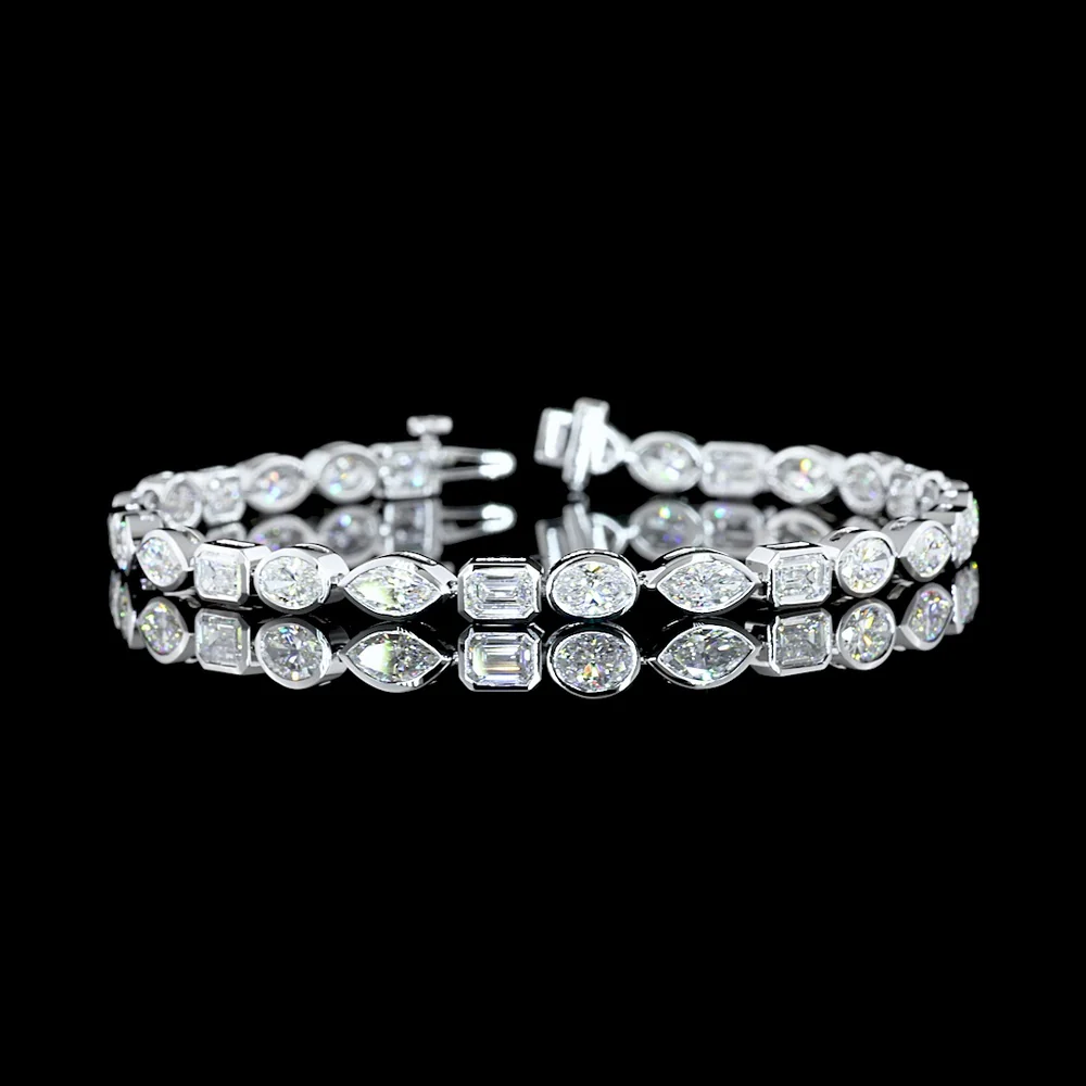 14K White Gold Mixed Shape Tennis Bracelet with Bezel Set Lab Diamonds - 8.45 Total Carat Weight - Covaloro Fine Jewelry