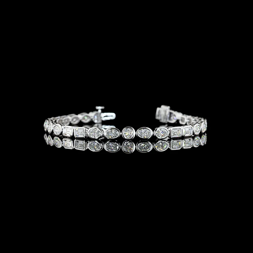 14K White Gold Mixed Shape Tennis Bracelet with Bezel Set Oval, Emerald, and Round Lab Diamonds - 6.56 Carat Total Weight - Covaloro Fine Jewelry