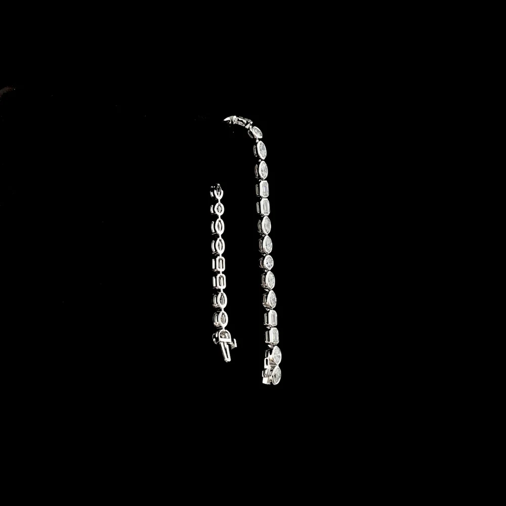 14K White Gold Mixed Shape Tennis Bracelet with Bezel Set Oval, Emerald, and Round Lab Diamonds - 6.56 Carat Total Weight - Covaloro Fine Jewelry - Image 3