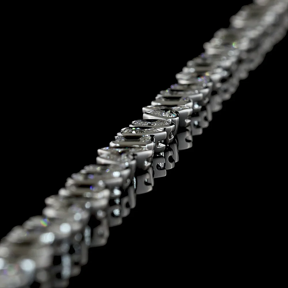 14K White Gold Mixed Shape Tennis Bracelet with Inclined Bezel Set Lab Diamonds (Emerald, Oval, Heart, Pear) - 5.56 Carats Total Diamond Weight - Covaloro Fine Jewelry - Image 3