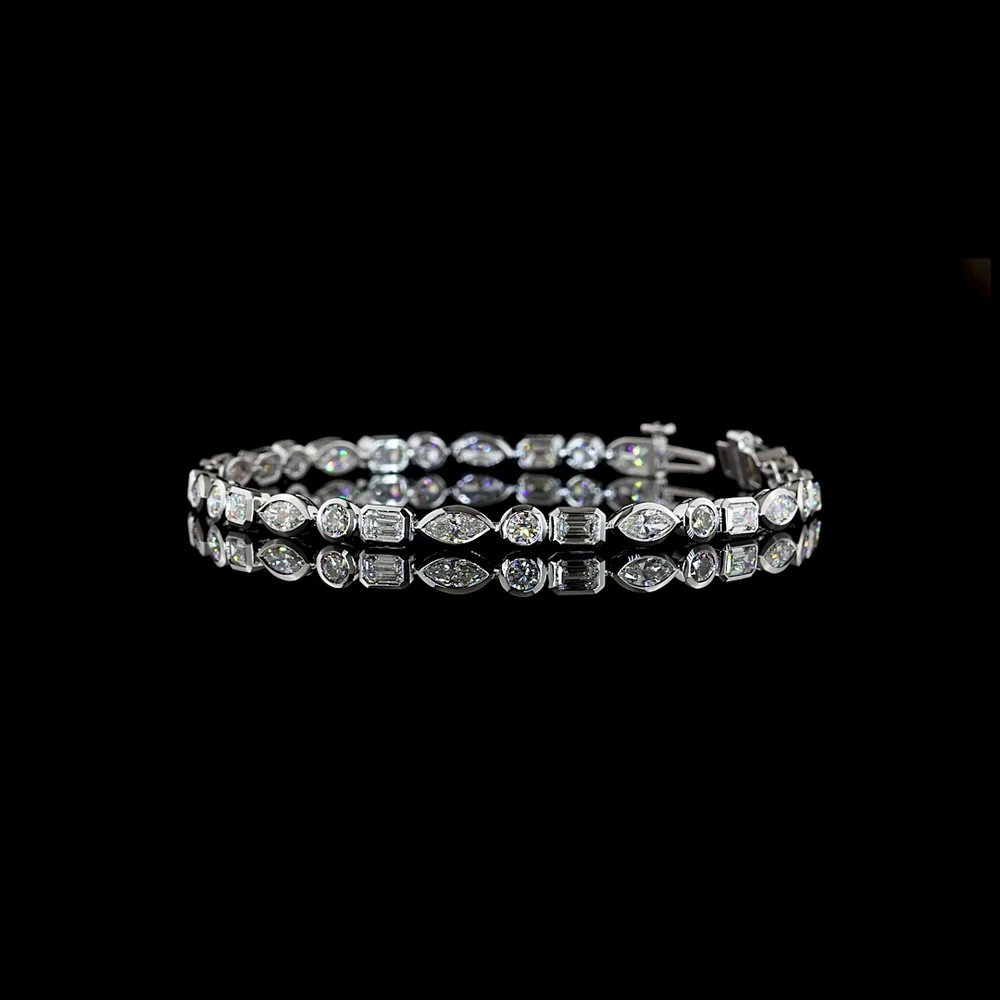 14K White Gold Mixed Shape Tennis Bracelet with Marquise, Round Brilliant, and Emerald Cut Lab Diamonds - 5.66 Carat Total Weight - Covaloro Fine Jewelry