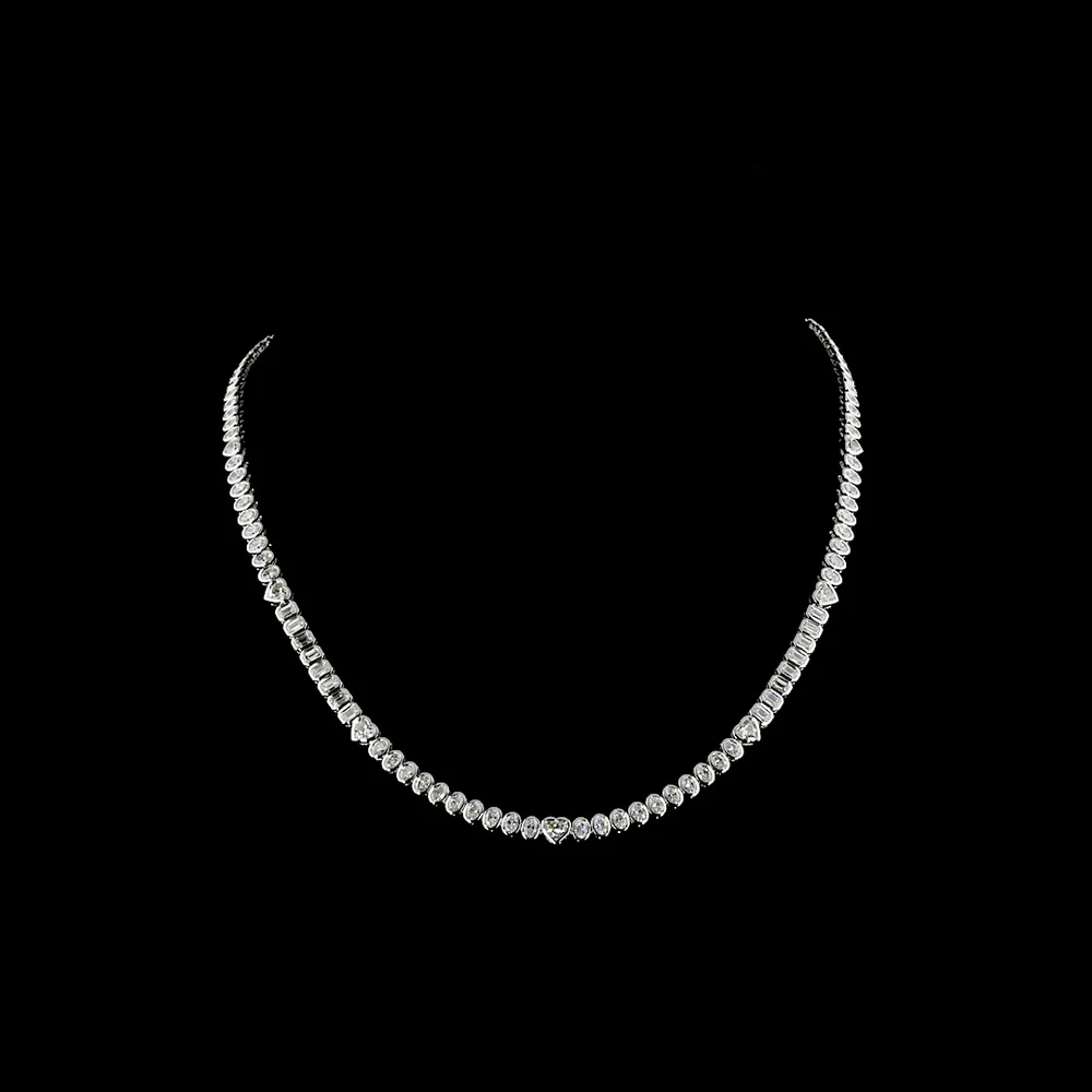 14K White Gold Mixed Shape Tennis Necklace with Heart Center Stone and Oval Cut Lab Diamonds - 7.95 Carats Total Diamond Weight - Covaloro Fine Jewelry