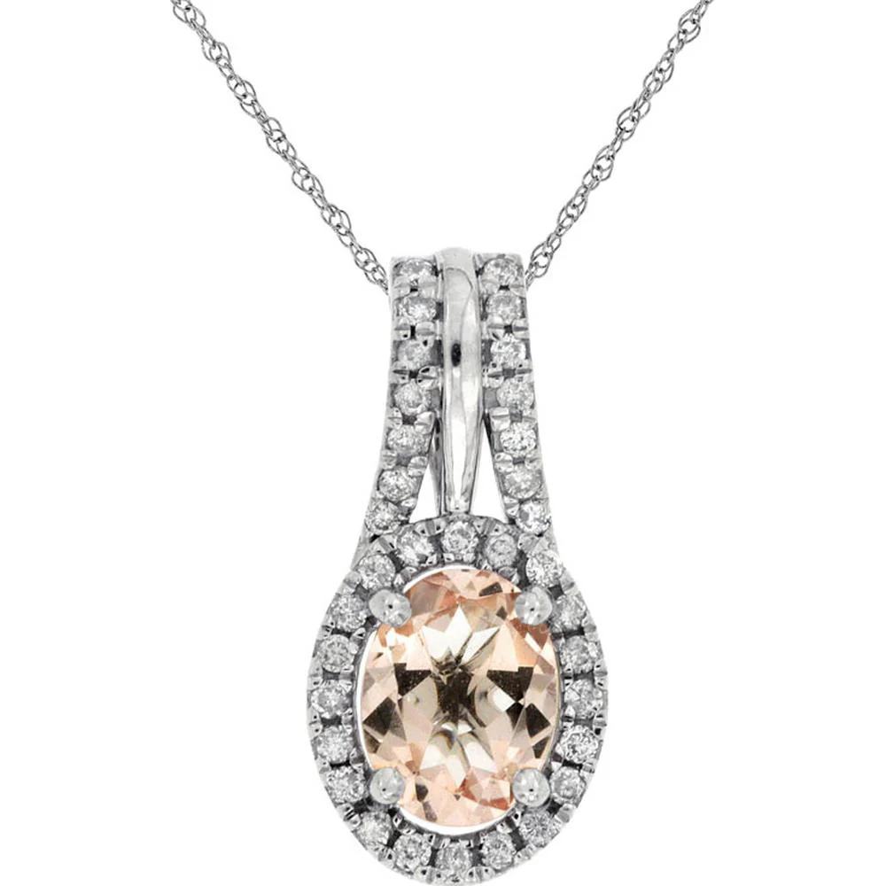 14K White Gold Morganite & Diamond Halo Pendant - 1.00 Carat Morganite, 0.24 Carats Total Diamond Weight - Royal Jewelry