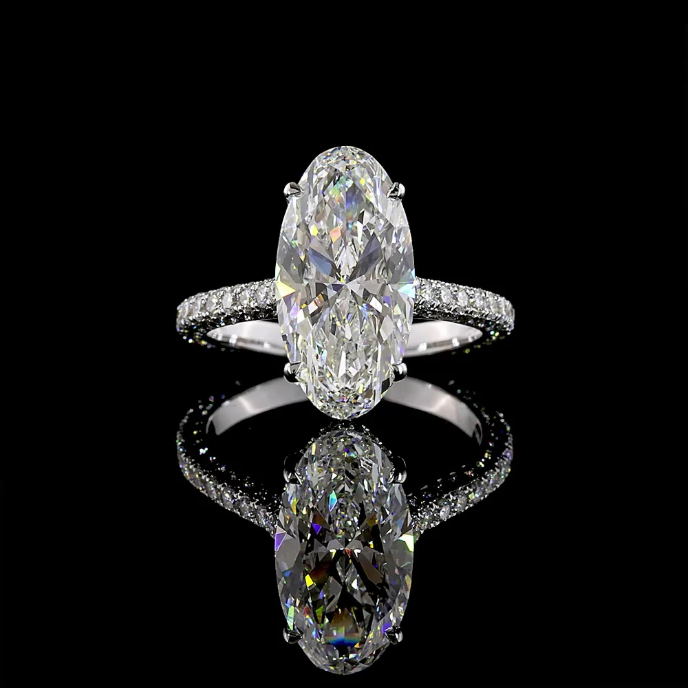 14K White Gold Moval Cut Lab Diamond Hidden Halo Ring with Micro-Pavé Band - 3.70 Carat Center, 4.67 Carat Total Diamond Weight - Covaloro Fine Jewelry