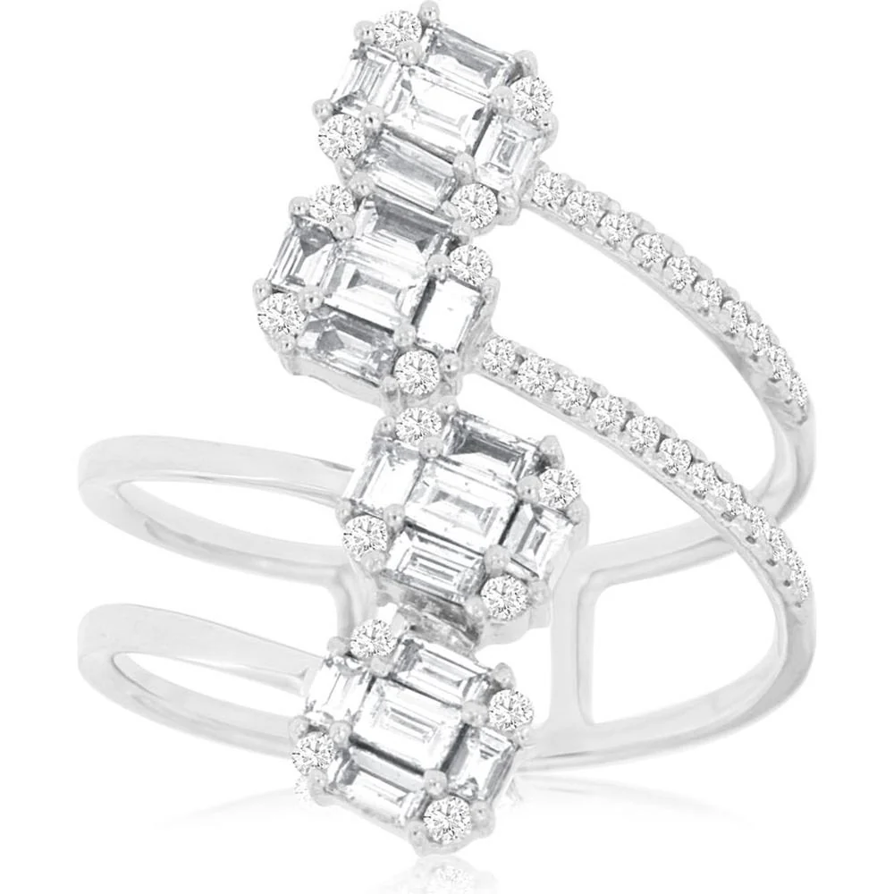 14K White Gold Multi-Row Diamond Ring with Baguette Cluster Stations and Pavé-Set Round Accents - 0.78 Carat Total Diamond Weight - Royal Jewelry