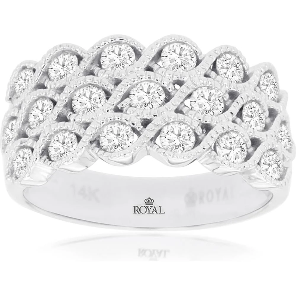 14K White Gold Multi-Row Diamond Wedding Band with Round Brilliant Diamonds - 1.12 Carat Total Diamond Weight - Royal Jewelry