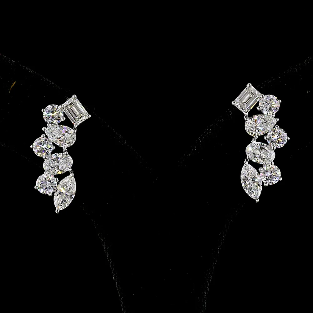 14K White Gold Multi-Shape Diamond Crawler Earrings - Emerald, Marquise, Oval & Pear Lab Grown Diamonds - 5.95 Carats Total Diamond Weight - Covaloro Fine Jewelry