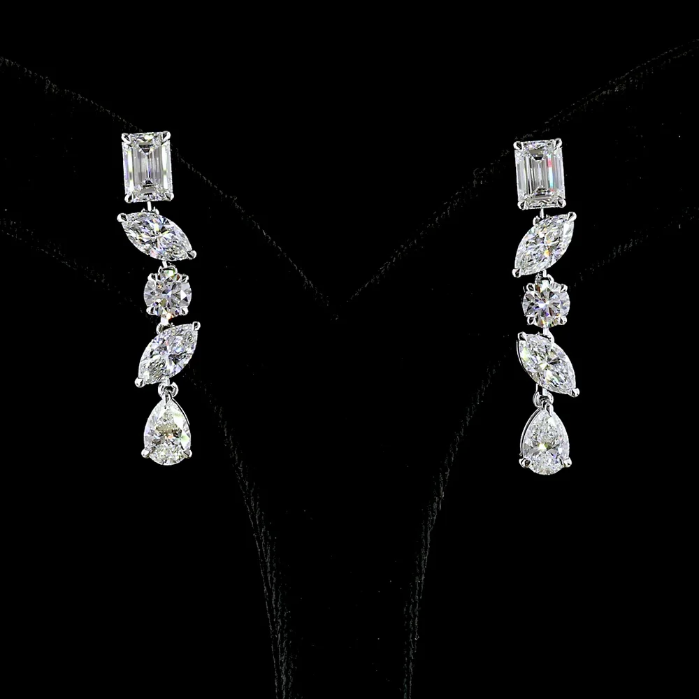 14K White Gold Multi-Shape Drop Earrings with Emerald, Marquise, Round, and Pear Lab Diamonds - 7.14 Carat Total Weight - Covaloro Fine Jewelry