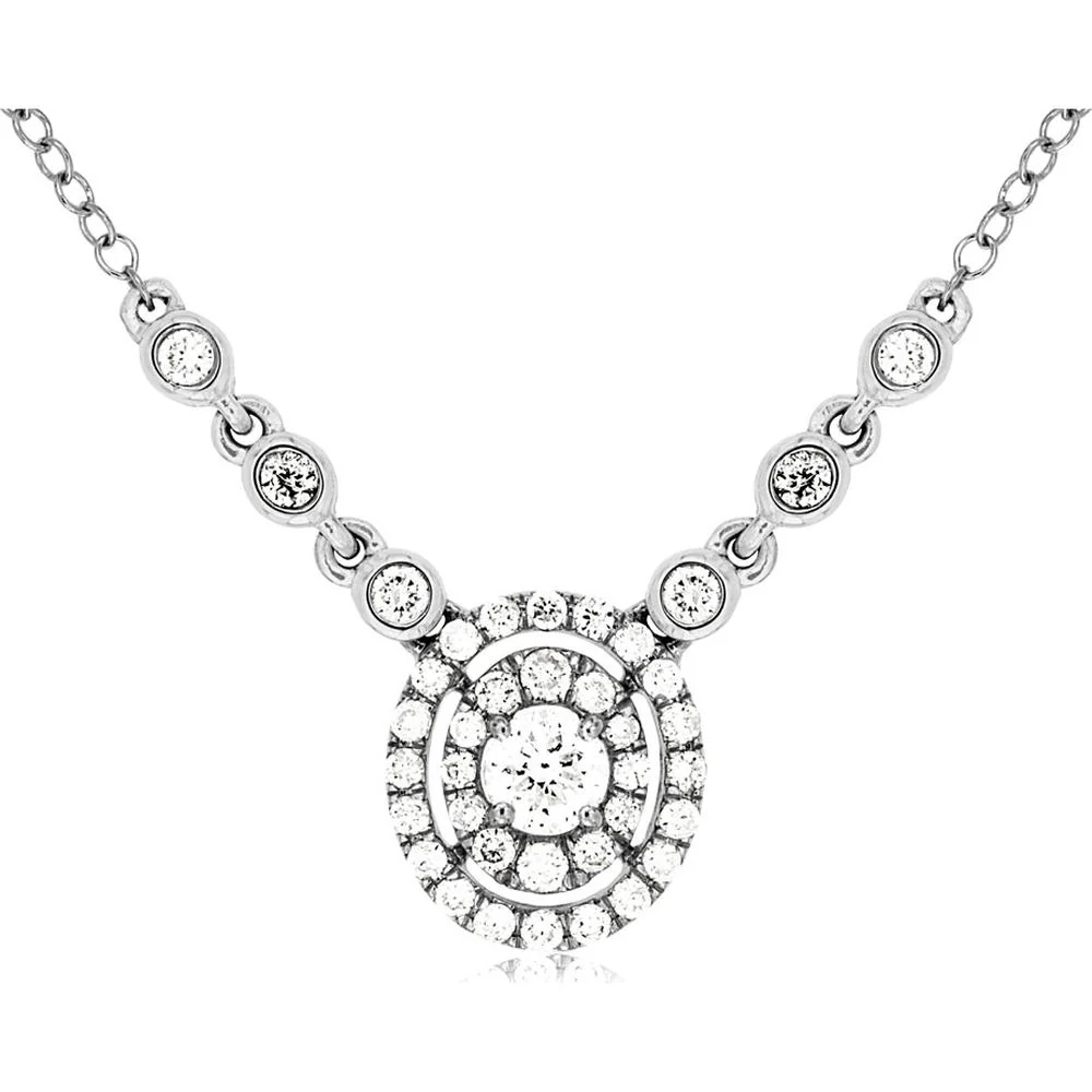 14K White Gold Multi-Station Double Halo Diamond Necklace with Bezel Set Accents - 0.54 Carat Total Diamond Weight - Royal Jewelry