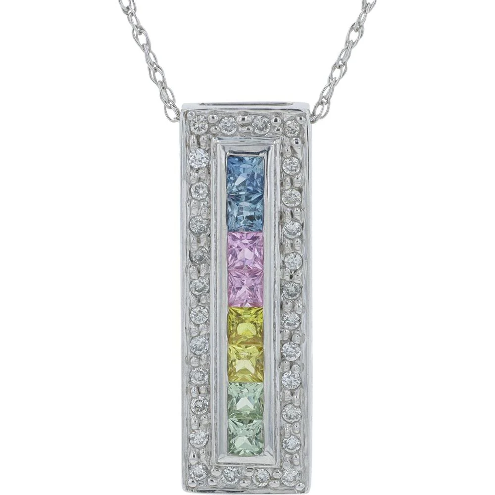 14K White Gold Multicolor Princess Cut Sapphire Pendant with Diamond Halo - 0.40 Carat Total Sapphire Weight, 0.25 Carat Total Diamond Weight
