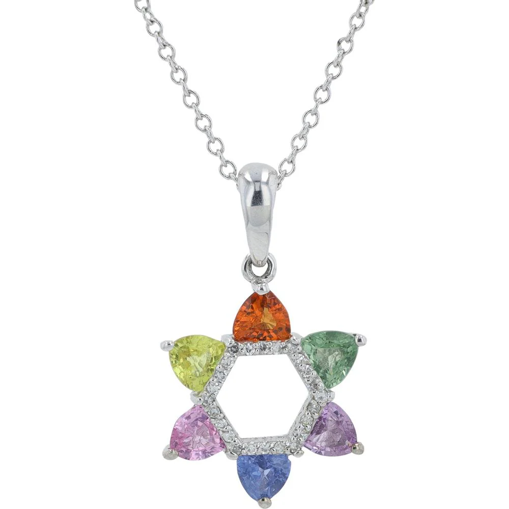 14K White Gold Multicolor Trillion Sapphire Pendant with 0.07 Carat Diamond Halo - 1.89 Carat Total Sapphire Weight