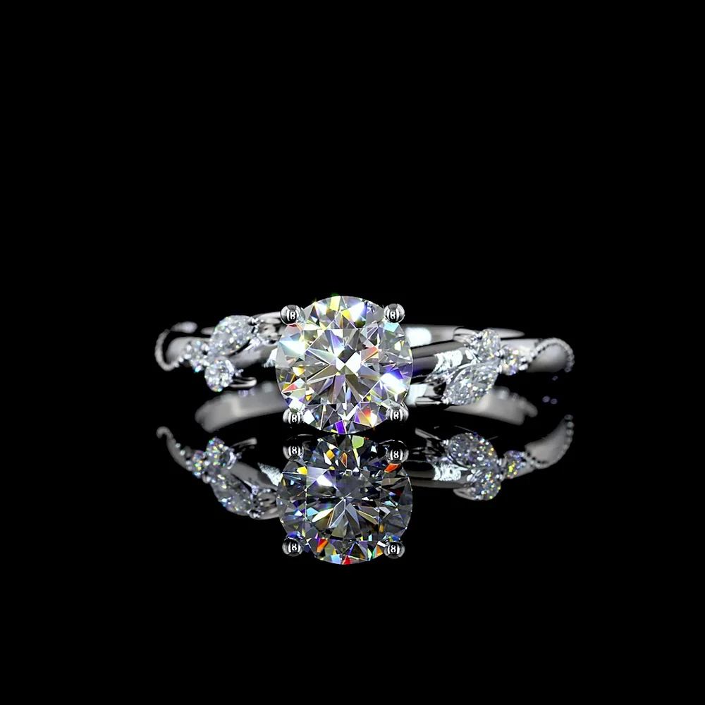 14K White Gold Nature Inspired Ring with 1.00 Carat Round Brilliant Cut Lab Diamond and Leaf Motif Marquise Accents - 1.11 Carats Total Diamond Weight - Covaloro Fine Jewelry