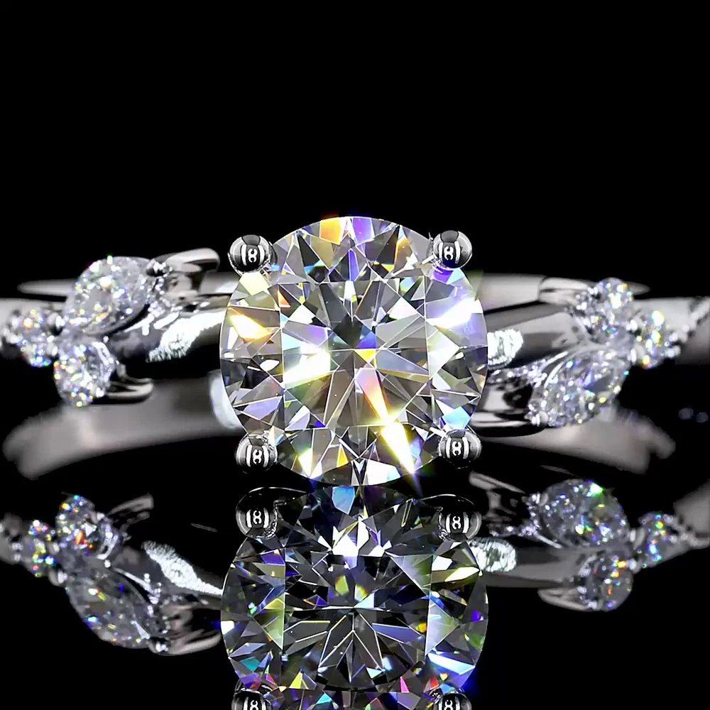 14K White Gold Nature Inspired Ring with 1.00 Carat Round Brilliant Cut Lab Diamond and Leaf Motif Marquise Accents - 1.11 Carats Total Diamond Weight - Covaloro Fine Jewelry - Image 2