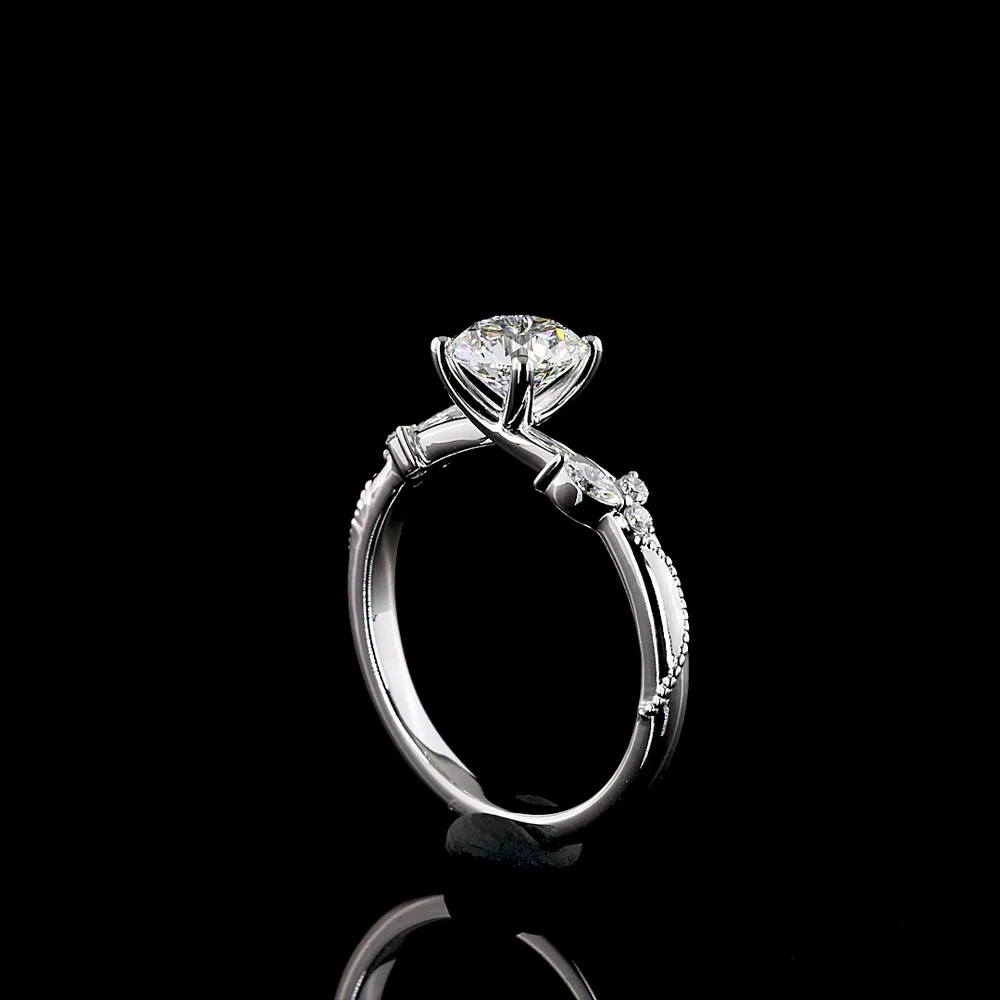 14K White Gold Nature Inspired Ring with 1.00 Carat Round Brilliant Cut Lab Diamond and Leaf Motif Marquise Accents - 1.11 Carats Total Diamond Weight - Covaloro Fine Jewelry - Image 3