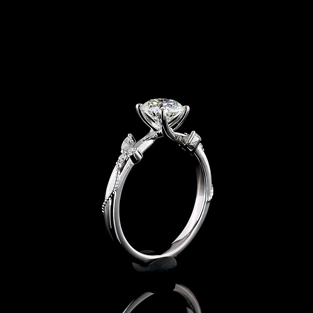 14K White Gold Nature Inspired Ring with 1.00 Carat Round Brilliant Cut Lab Diamond and Leaf Motif Marquise Accents - 1.11 Carats Total Diamond Weight - Covaloro Fine Jewelry - Image 4
