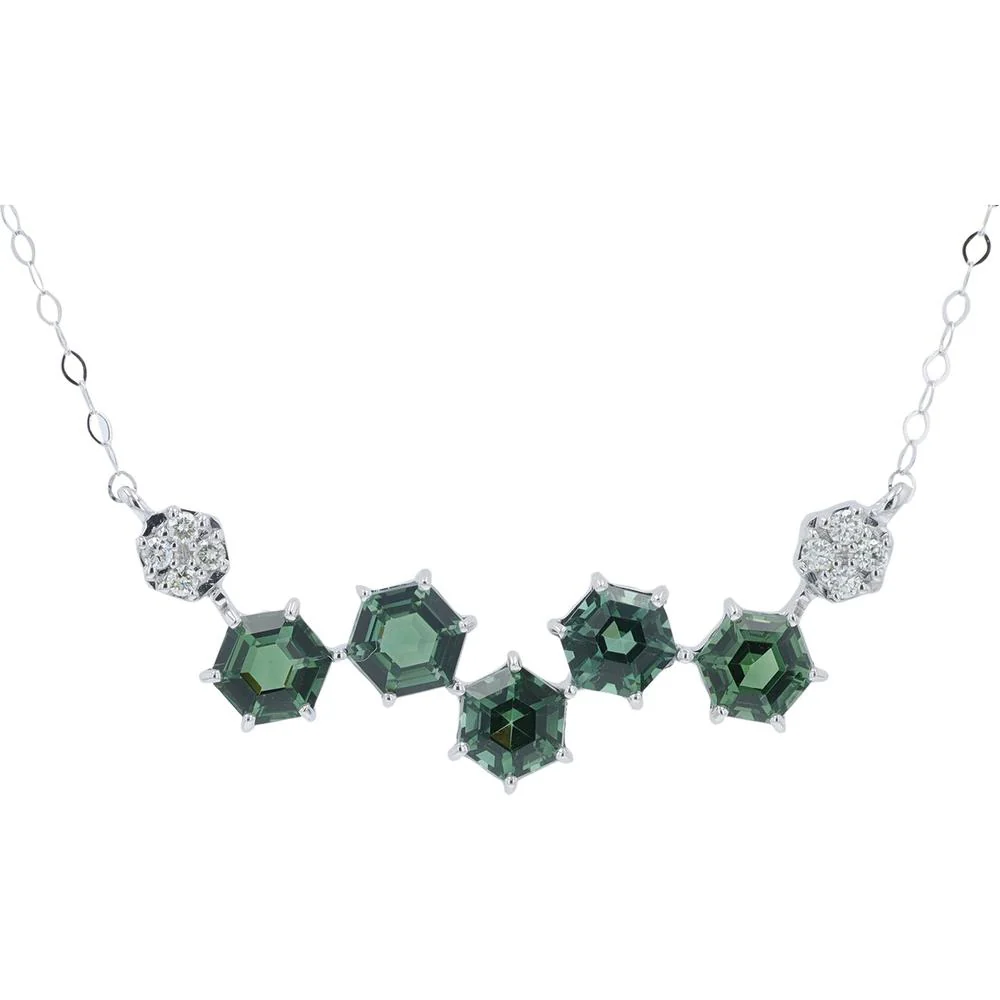 14K White Gold Necklace with 1.60 Carat Hexagon-Cut Green Tourmalines and 0.06 Carat Diamond Accents
