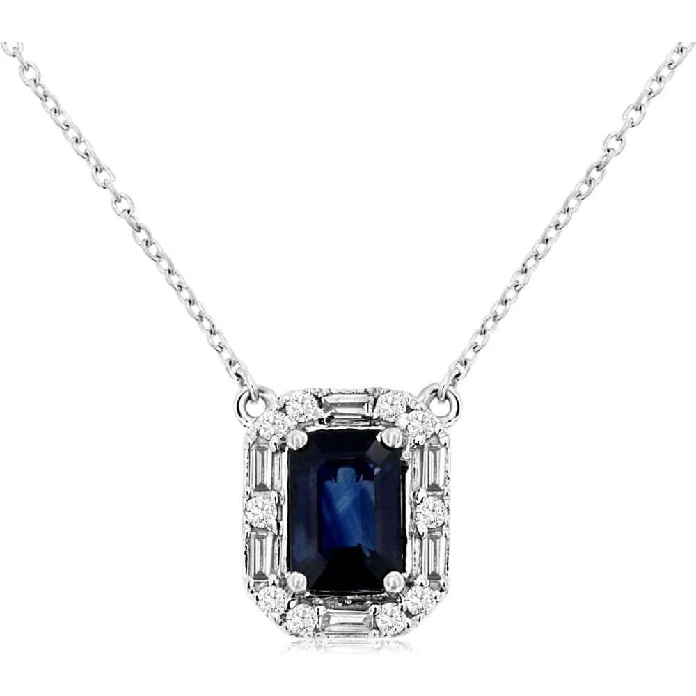 14K White Gold Necklace with Emerald Cut Sapphire and Diamond Halo Frame - 1.00 Carat Sapphire & 0.19 Carat Total Diamond Weight - Royal Jewelry