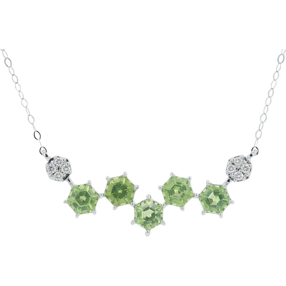 14K White Gold Necklace with Hexagon Cut Peridot and Diamond Accents - 1.50 - 2.00 Carat Total Peridot, 0.06 Carat Total Diamonds