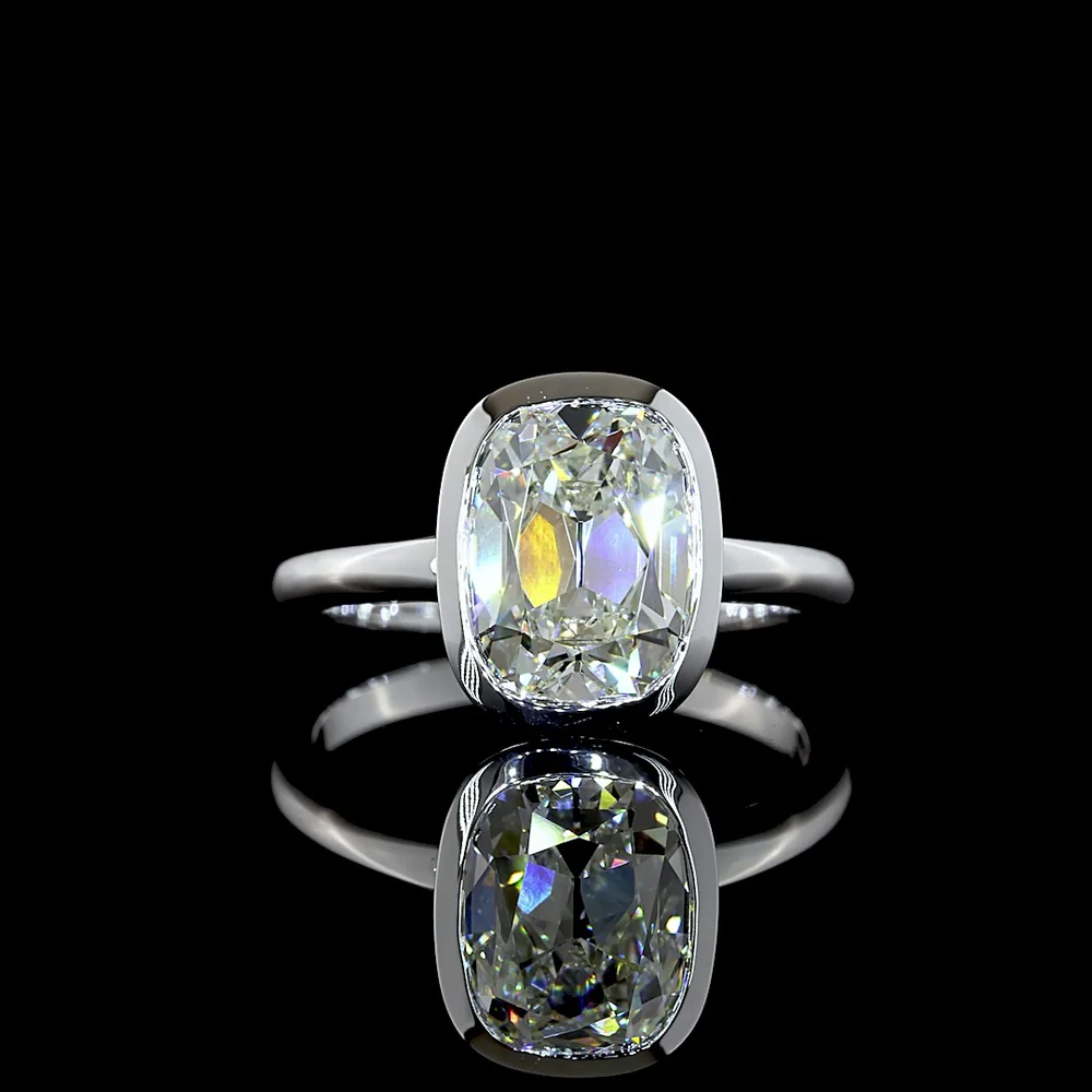 14K White Gold North-South Antique Cushion Solitaire Ring with Bezel Set Lab Diamond - 3.13 Carat Total Weight - Covaloro Fine Jewelry