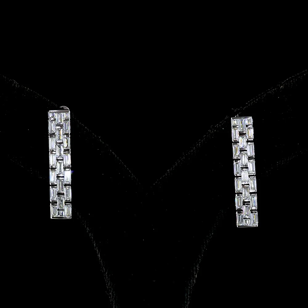 14K White Gold North-South Baguette Lab Diamond Hanging Earrings - 1.84 Carat Total Weight, E-F VS Half Bezel Setting - Covaloro Fine Jewelry